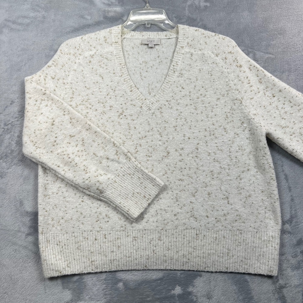 Loft Outlet Sweater Womens L White Gold Metallic Fleck V-Neck Raglan Knit
